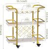 Gold Bar Cart with 3 Tiers for Stylish Storage, Home Bar Serving Cart with 4 Rows of Glass Holders & 8 Wine Racks, Modern Marbled Solid Wood Cart on L