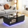 Modern LED Coffee Table with 2 Drawers and 16 Colors LED Lights, High Glossy Rectangle Coffee End Table for Living Room, Black