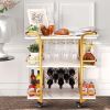 Gold Bar Cart with 3 Tiers for Stylish Storage, Home Bar Serving Cart with 4 Rows of Glass Holders & 8 Wine Racks, Modern Marbled Solid Wood Cart on L