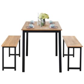 3 Pieces Dining Table Set with 2 Benches for Dining Room Kitchen Bar (Color: Natural)